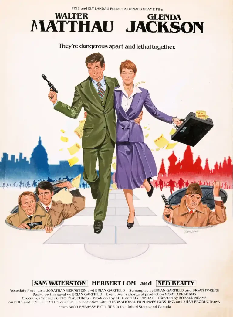 Hopscotch 1980 Movie Poster illustration featuring Walter Matthau and Glenda Jackson running from spies with a briefcase and gun, set against city silhouettes.