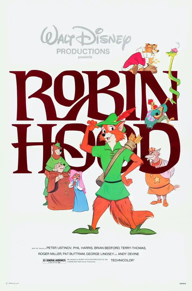 Walt Disney's Robin Hood 1973 animated movie poster featuring Robin Hood the fox standing proudly with Little John, Maid Marian, and Friar Tuck on a white background.