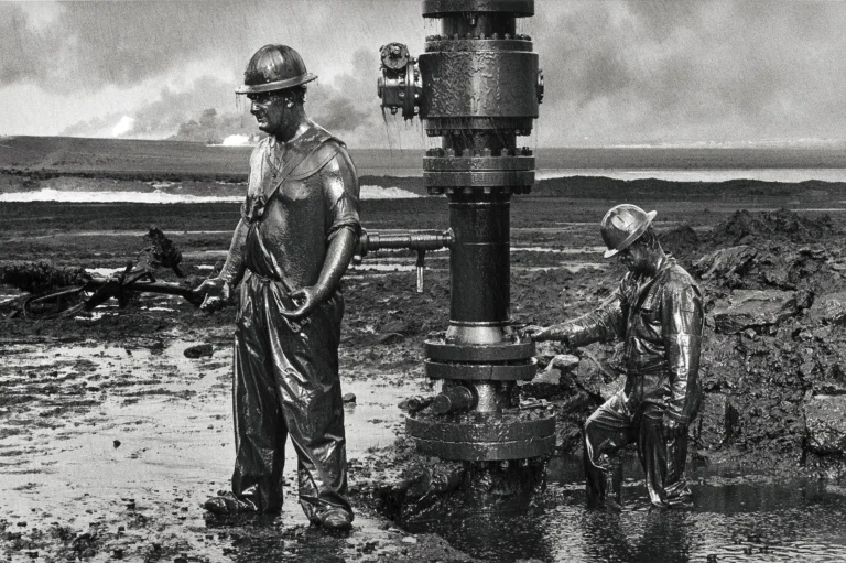 Sebastião Salgado documentary photography poster featuring two oil workers drenched in oil next to a wellhead in Kuwait in black and white.
