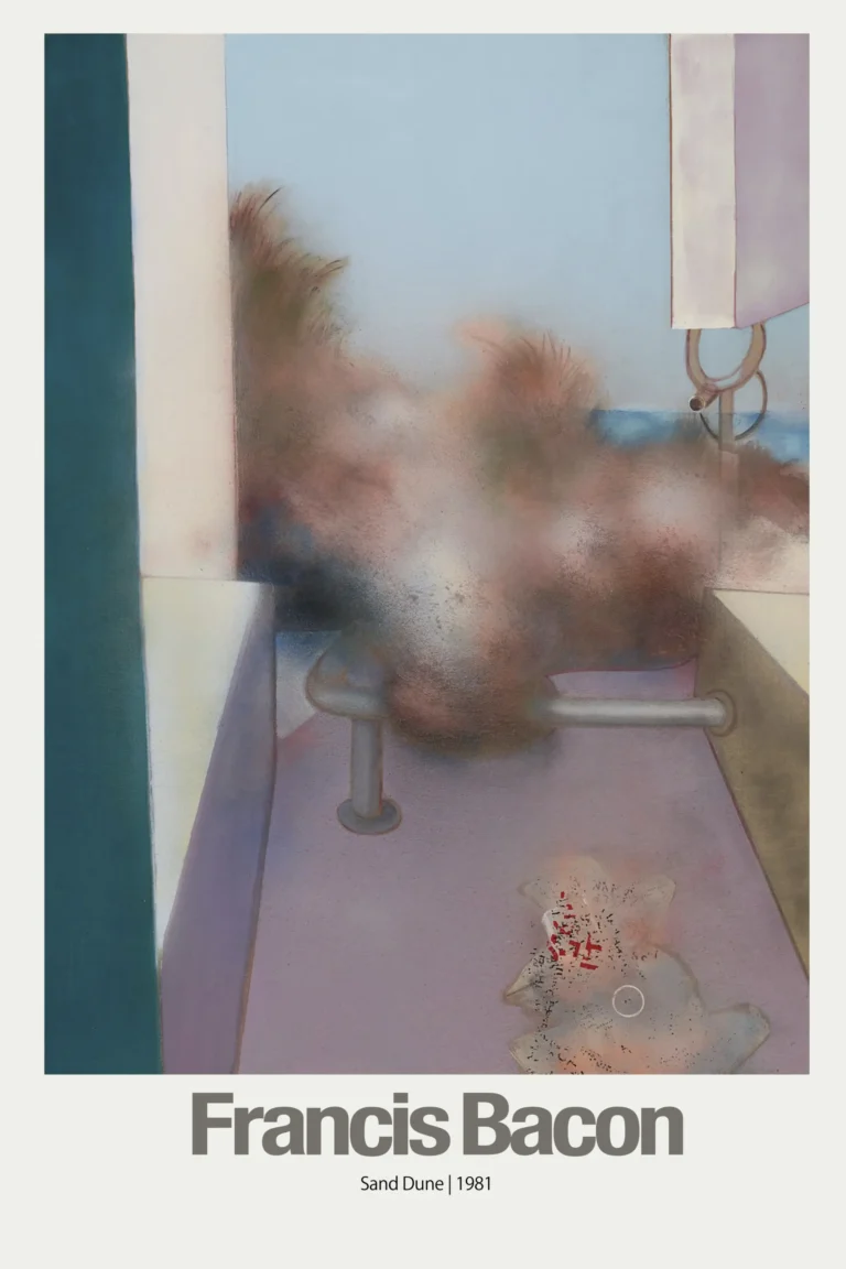Francis Bacon Abstract Expressionism poster featuring the painting Sand Dune (1981), showing hazy, fleshy forms within architectural space.