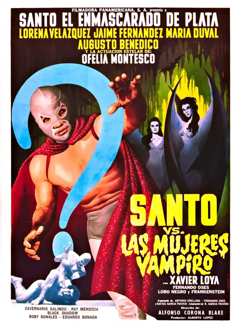 Santo vs. Las Mujeres Vampiro (The Vampire Women) vintage movie poster featuring Santo in his mask and cape battling two dramatic female vampires.