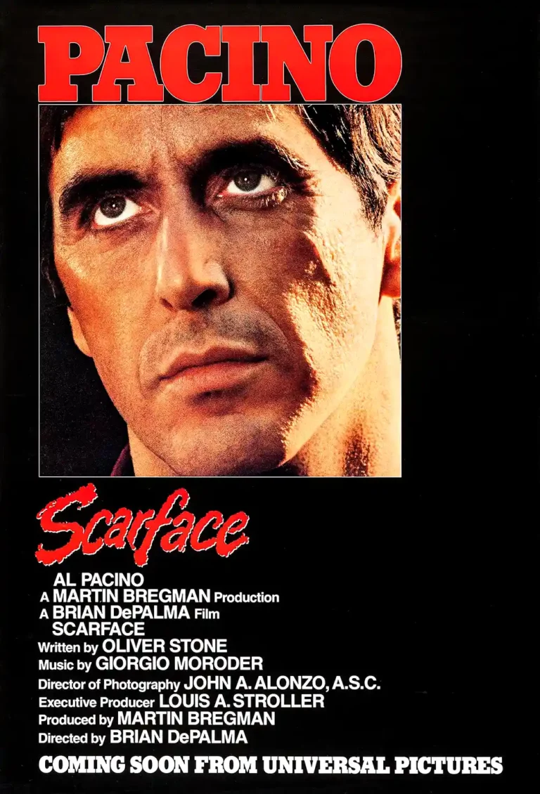 Scarface Movie poster featuring a dramatic, close-up portrait of Al Pacino as Tony Montana against a solid black background.