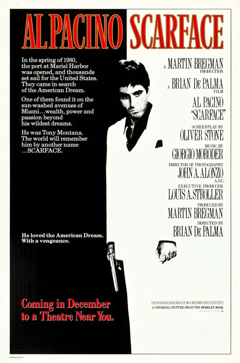 Scarface 1983 Movie poster featuring Al Pacino as Tony Montana in black and white holding a gun, with bold red and black typography.