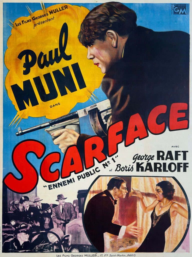 Scarface (1932) classic movie poster featuring Paul Muni holding a Tommy gun against a vibrant yellow and blue, vintage French release design.