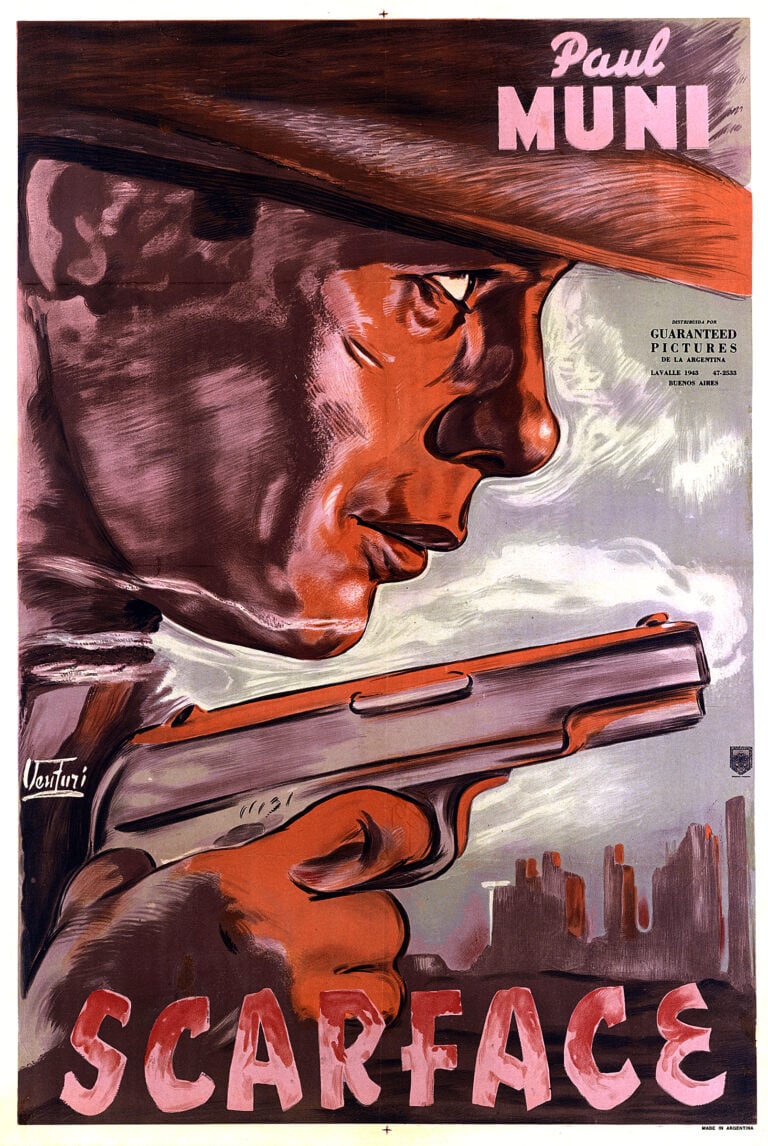 Scarface (1932) Movie poster featuring a highly dramatic close-up illustration of Paul Muni as Tony Camonte holding a gun and wearing a fedora.