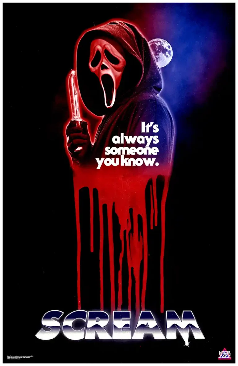 Scream 2022 horror movie poster featuring Ghostface holding a knife, illuminated by red light, with striking red blood dripping down the black background.