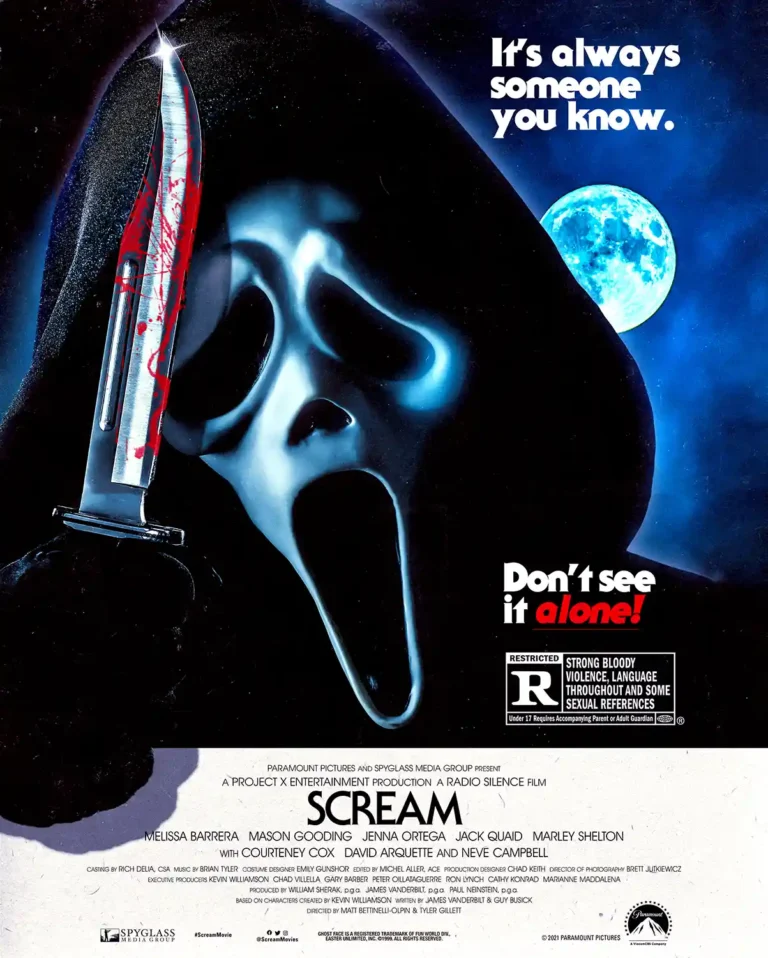 Scream (2022) Movie poster featuring the Ghostface mask illuminated by blue light and a close-up of the bloody knife, set against a dark background.