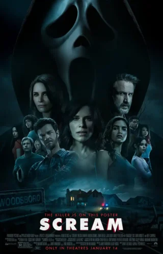 Scream 2022 Ghostface Mask and Woodsboro Cast Movie Poster