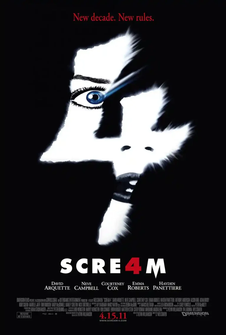 Scream 4 horror movie poster featuring a high-contrast black and white face silhouette forming the number four in the negative space.