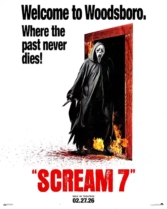 Scream 7 | Horror Movie Poster | Ghostface Doorway Fire Wall Art Print