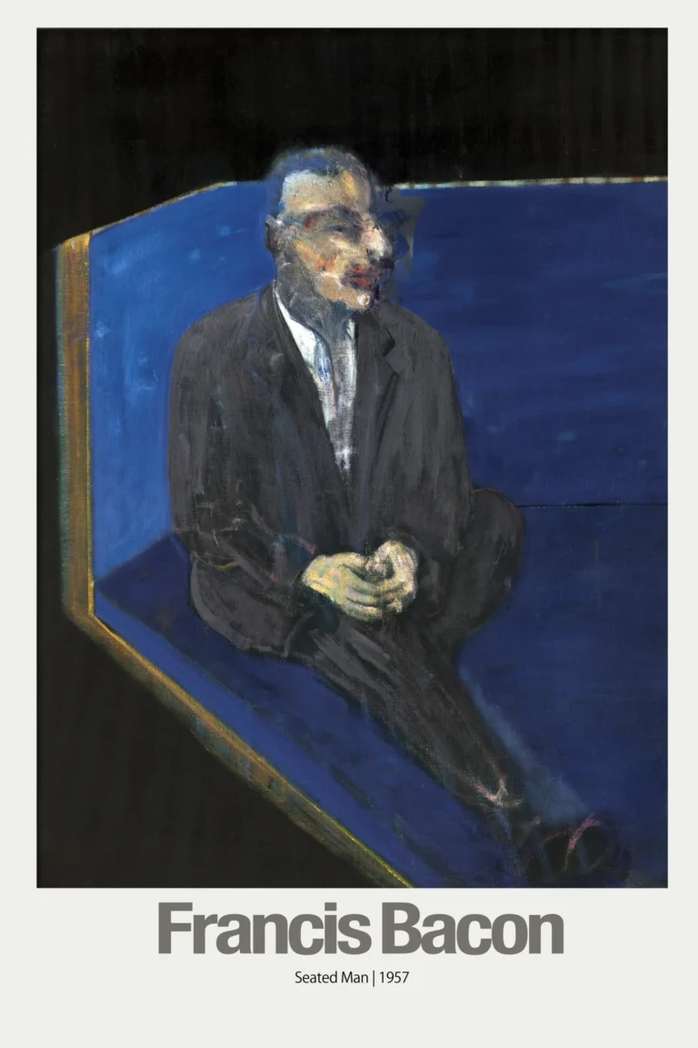 Francis Bacon 'Seated Man' Expressionist Art poster featuring a figure in a black suit seated in a bold blue rectangular space.