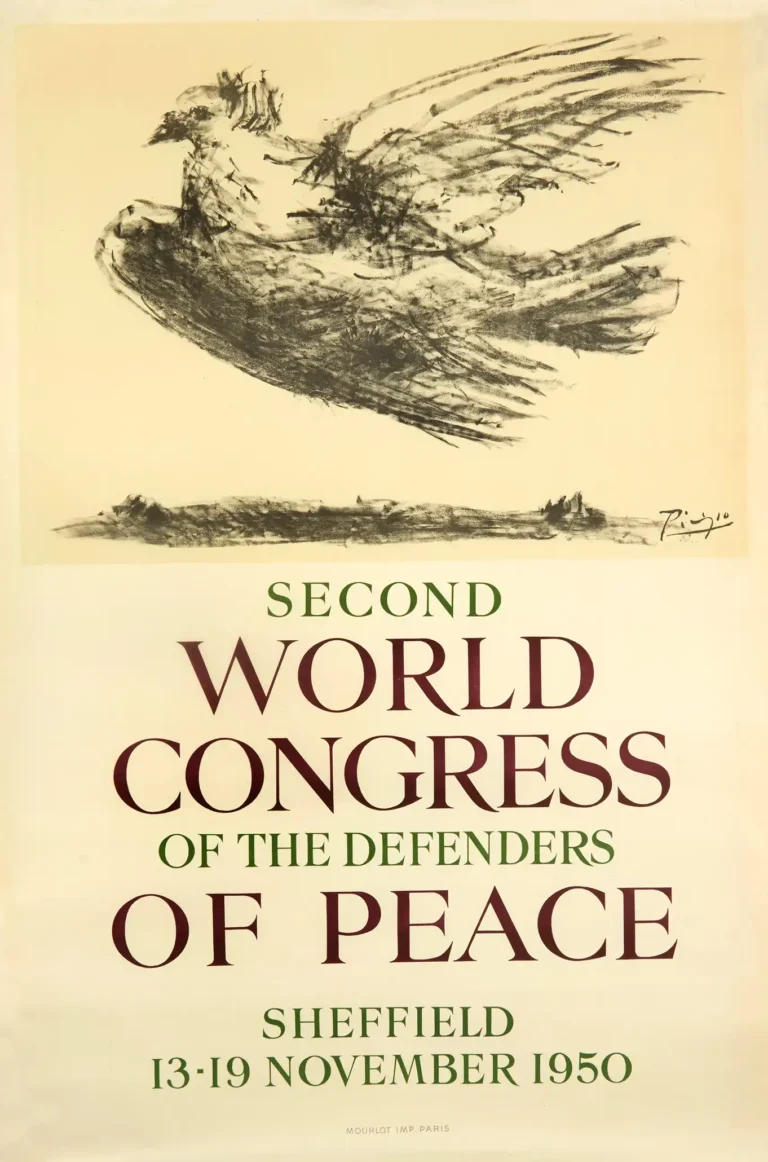 Pablo Picasso Art poster for the 1950 World Congress of Peace featuring a charcoal sketch of the iconic Dove of Peace flying above congress text.