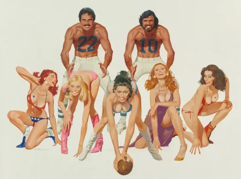 Semi-Tough movie poster featuring illustration of Burt Reynolds and Kris Kristofferson with women in a suggestive football lineup scene.