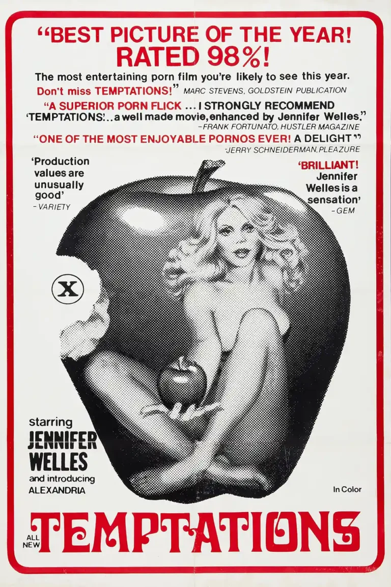 Temptations 1978 Movie poster featuring a black and white halftone image of actress Jennifer Welles contained within a dramatic, bitten apple graphic, framed by bold red text.
