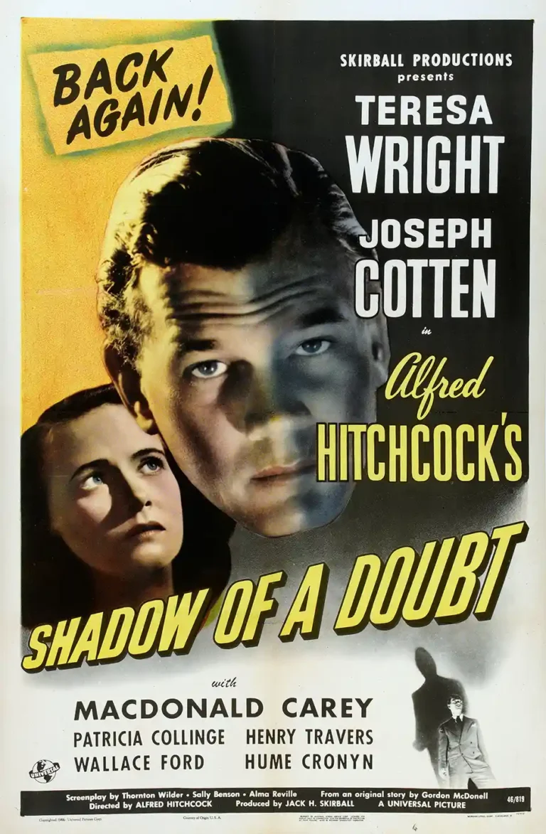 Shadow of a Doubt classic movie poster featuring large close-ups of Joseph Cotten and Teresa Wright with dramatic lighting and vintage yellow typography.