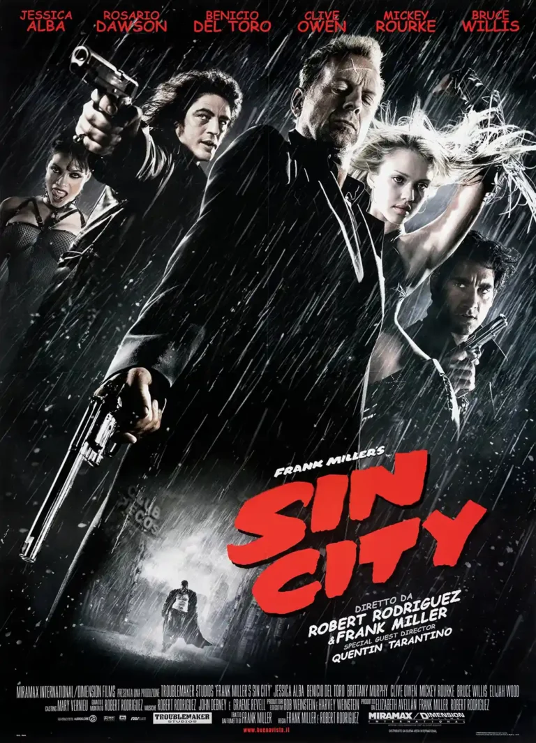 Sin City movie poster featuring the main cast in a dramatic, black and white neo-noir style with striking red title lettering.