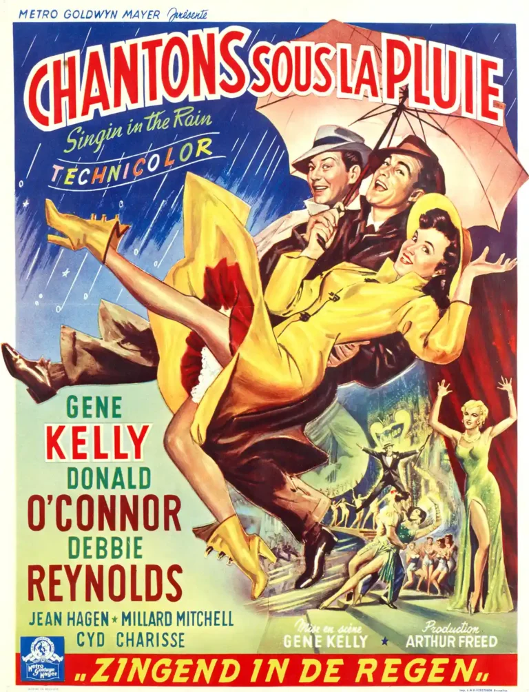 Singin' in the Rain classic movie poster featuring Gene Kelly, Donald O'Connor, and Debbie Reynolds dancing joyfully in yellow raincoats.