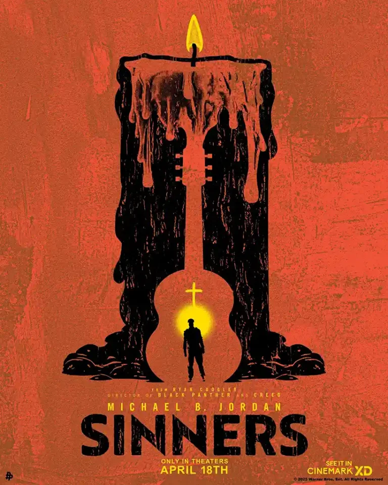Sinners (2025) official movie poster featuring a large black melting candle framing a guitar silhouette with a figure standing beneath a cross on a textured red background.