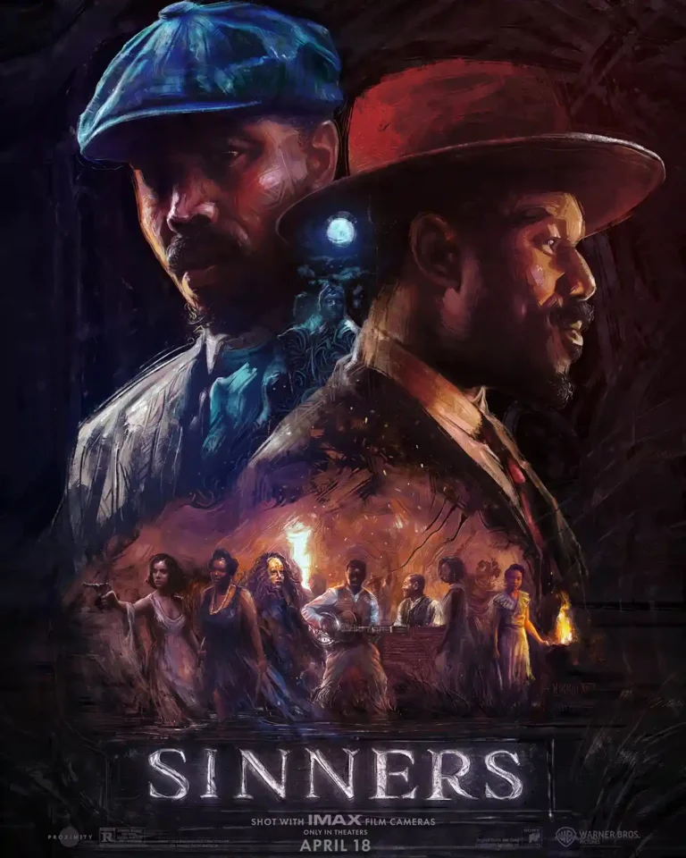 Sinners Movie poster featuring two male figures in historical hats overlaid on a dramatic, fiery scene painted in an oil brush style.