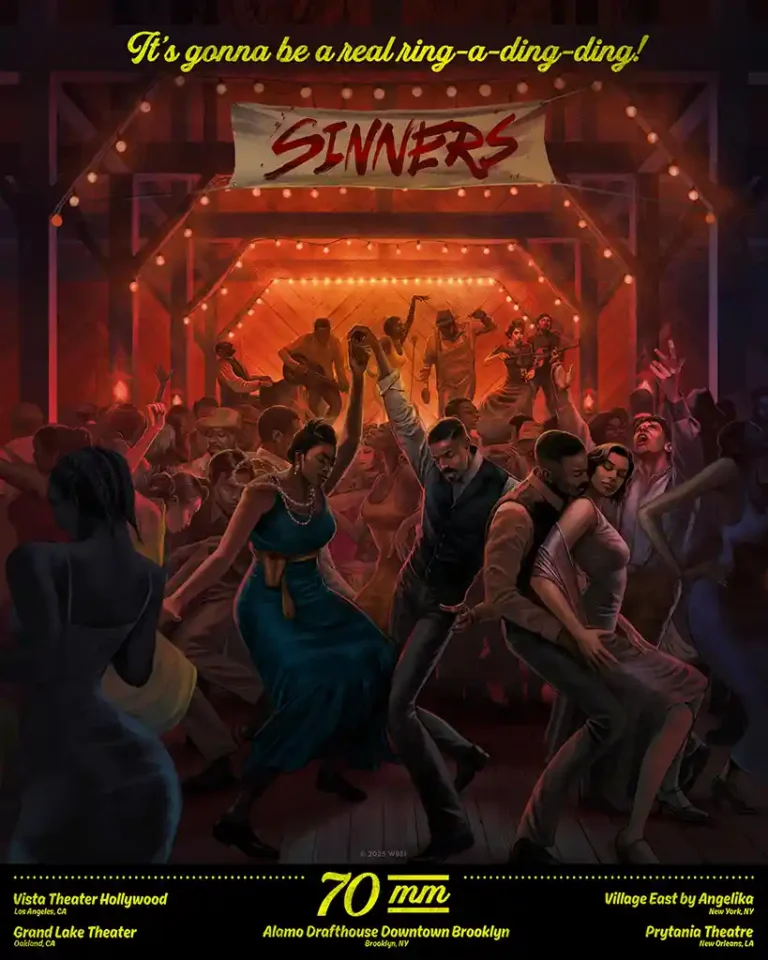 Sinners Movie poster featuring a vibrant, crowded dance hall scene under string lights, showcasing retro 1930s style dancing and dramatic orange lighting.