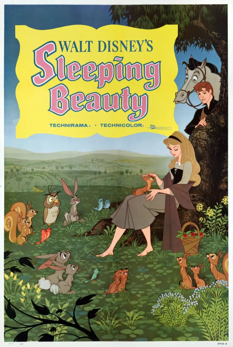 Sleeping Beauty movie poster featuring Princess Aurora (Briar Rose) sitting with her forest friends, 1959 vintage art print.