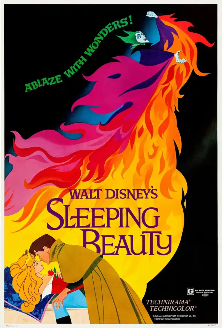 Sleeping Beauty Disney film poster featuring the powerful villain Maleficent wreathed in vibrant flames, towering above Princess Aurora and Prince Phillip.