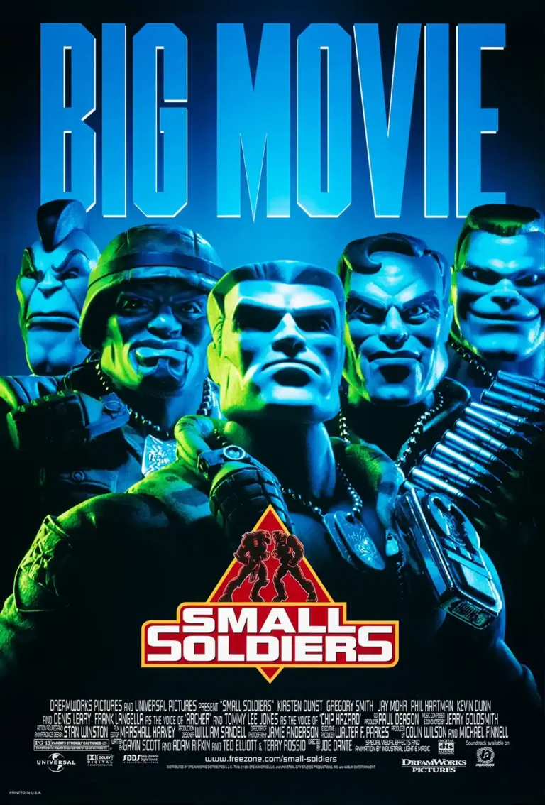 Small Soldiers movie poster featuring the Commando Elite action figures dramatically lit in blue and green, led by Chip Hazard holding a grenade.