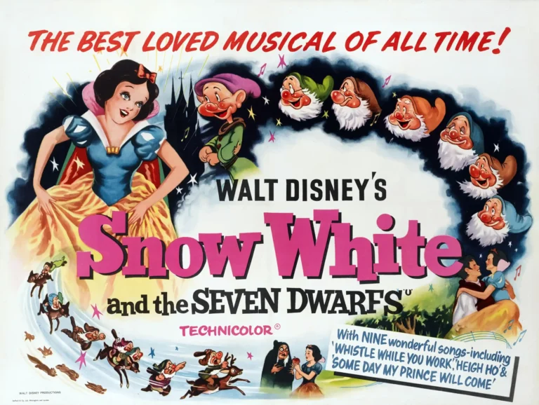 Snow White and the Seven Dwarfs Movie poster featuring Snow White, the seven dwarfs, and the Evil Witch in a classic 1951 style, full of vibrant Technicolor artwork.