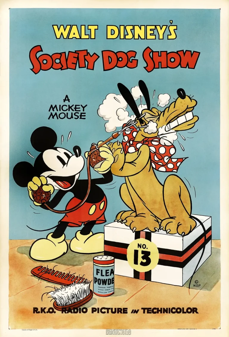 Walt Disney's 1939 animated short, Society Dog Show movie poster featuring Mickey Mouse bathing Pluto. Classic cartoon art print.