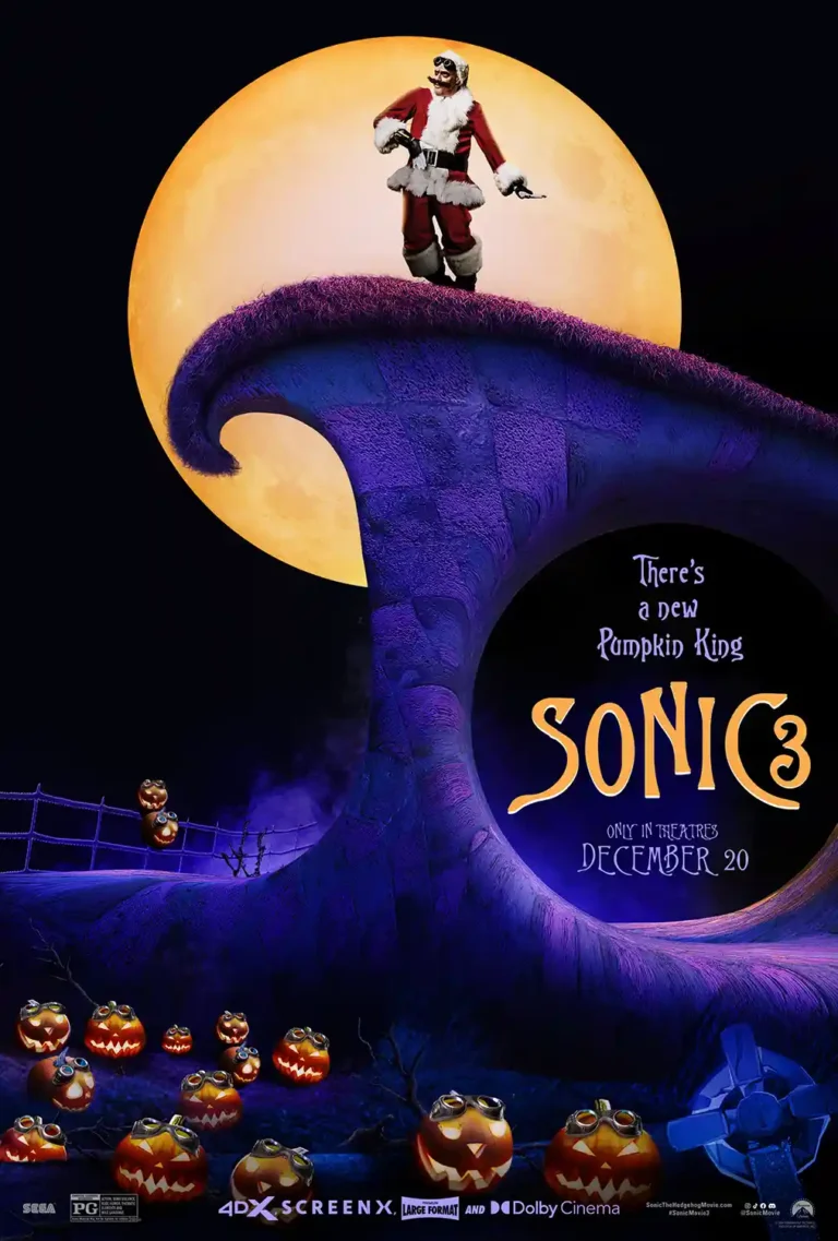 Sonic the Hedgehog 3 movie poster featuring Dr. Robotnik dressed as Santa on a spiraling purple hill under a full moon, mimicking The Nightmare Before Christmas art.