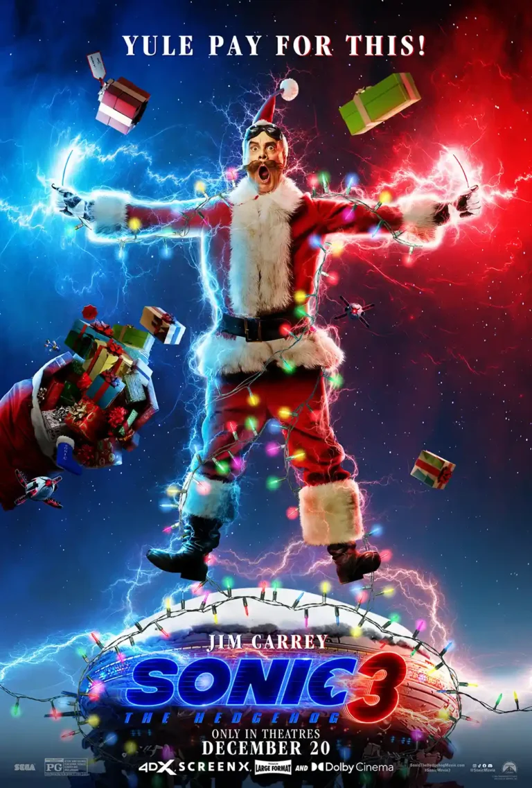 Sonic the Hedgehog 3 movie poster featuring Jim Carrey as Dr. Robotnik dressed as an electrified, manic Santa Claus, surrounded by lightning.