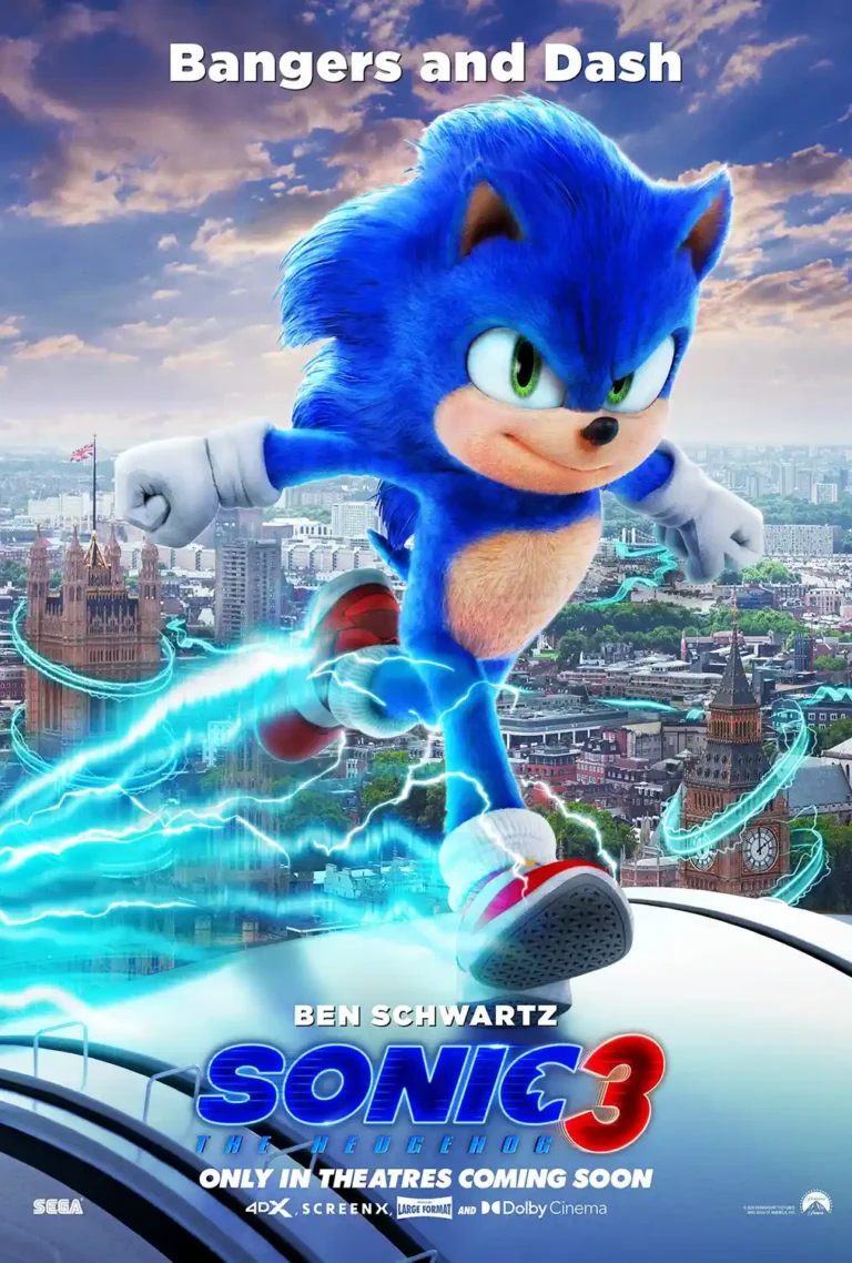 Sonic the Hedgehog 3 Movie poster featuring the Blue Blur mid-dash, surrounded by electric energy, above the London cityscape and Big Ben.