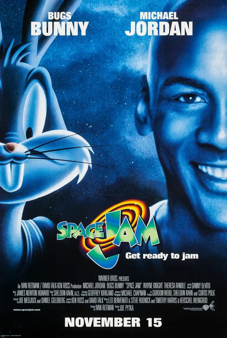 Space Jam 1996 movie poster featuring a close-up profile of Bugs Bunny and basketball legend Michael Jordan on a starry blue background