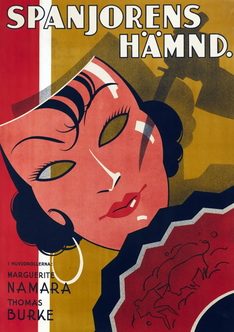 Spanjorens Hämnd 1931 Swedish movie poster featuring dramatic Art Deco illustration of a woman (Carmen) in red and gold tones.