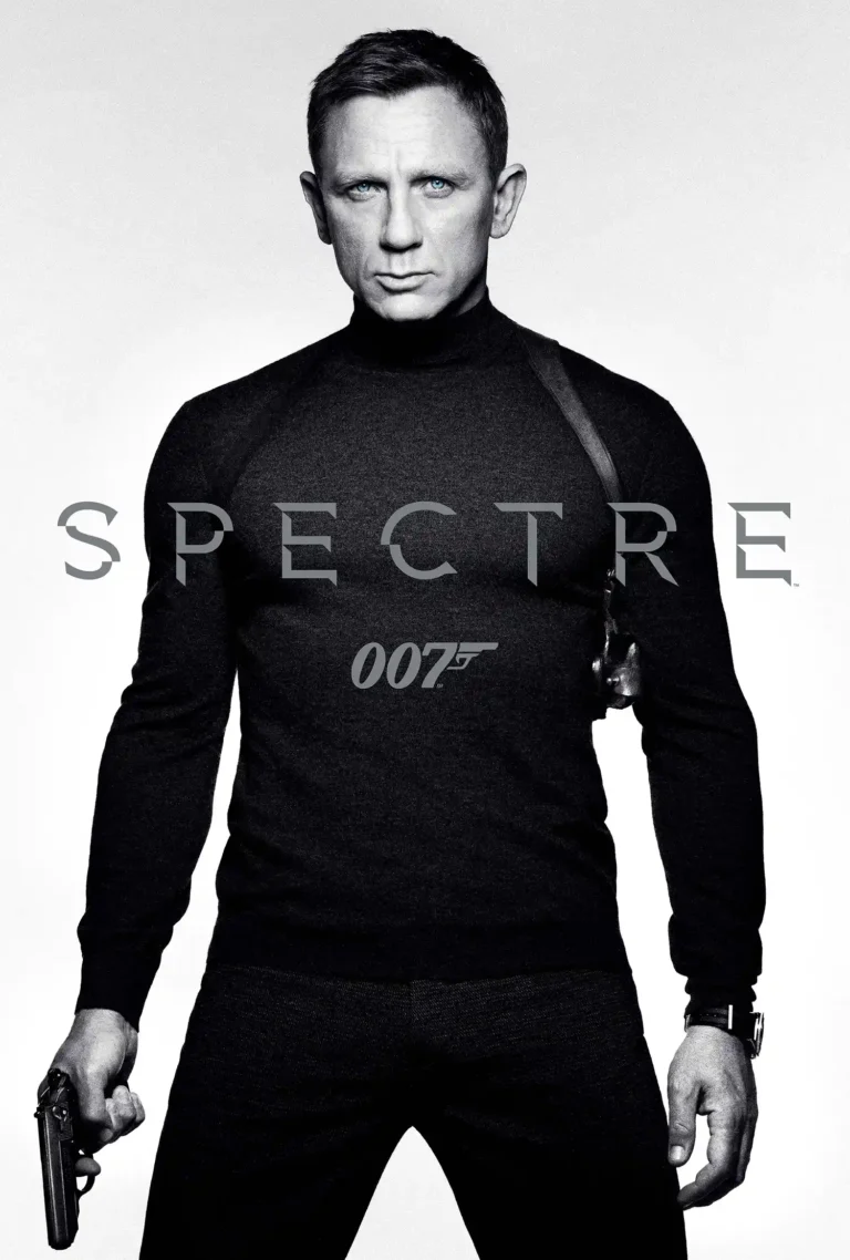 Daniel Craig as James Bond in Spectre movie poster, wearing a black turtleneck and holding a handgun, featuring the film title and 007 logo.