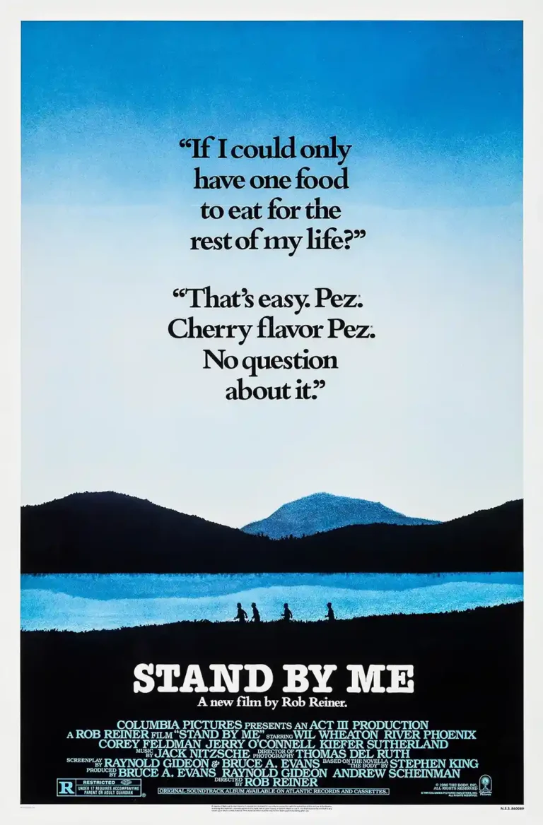 Stand by Me Movie poster featuring the silhouette of four boys walking along the riverbank under a bright blue sky, accented by the famous Pez quote.