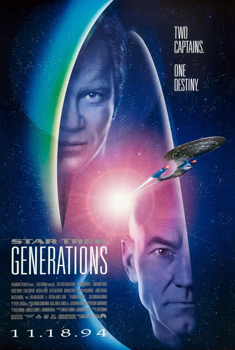 Star Trek Generations Movie Poster featuring Captains Kirk and Picard, split by a cosmic vortex, with the USS Enterprise-D flying through space.