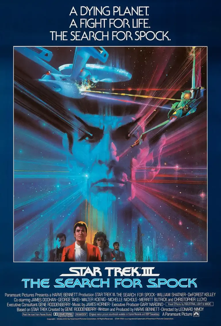 Star Trek III: The Search for Spock original Movie Poster featuring Spock's face, the USS Enterprise, and the main crew. Iconic 80s sci-fi film art.