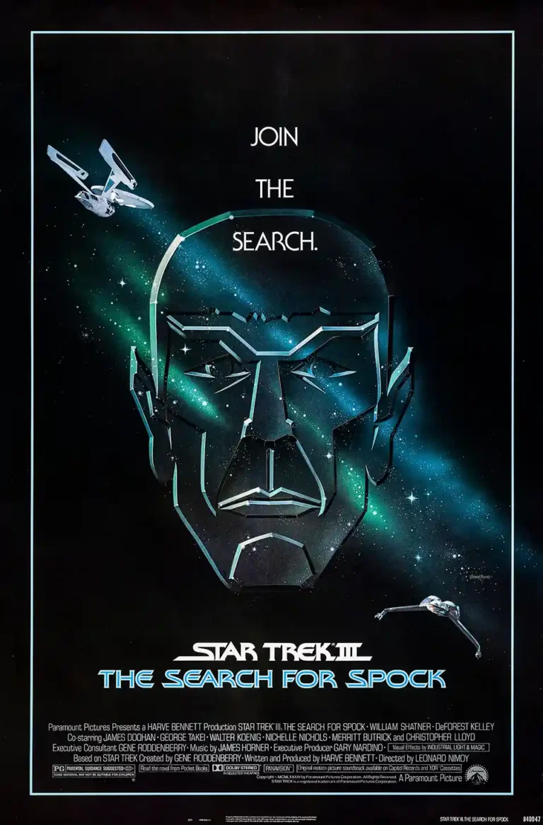 Star Trek III The Search for Spock movie poster featuring a geometric Vulcan head silhouette overlaid with a vibrant teal and green nebula.