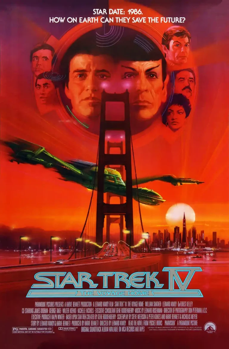 Star Trek IV The Voyage Home movie poster featuring Kirk, Spock, and the Klingon Bird-of-Prey flying over the Golden Gate Bridge at sunset.