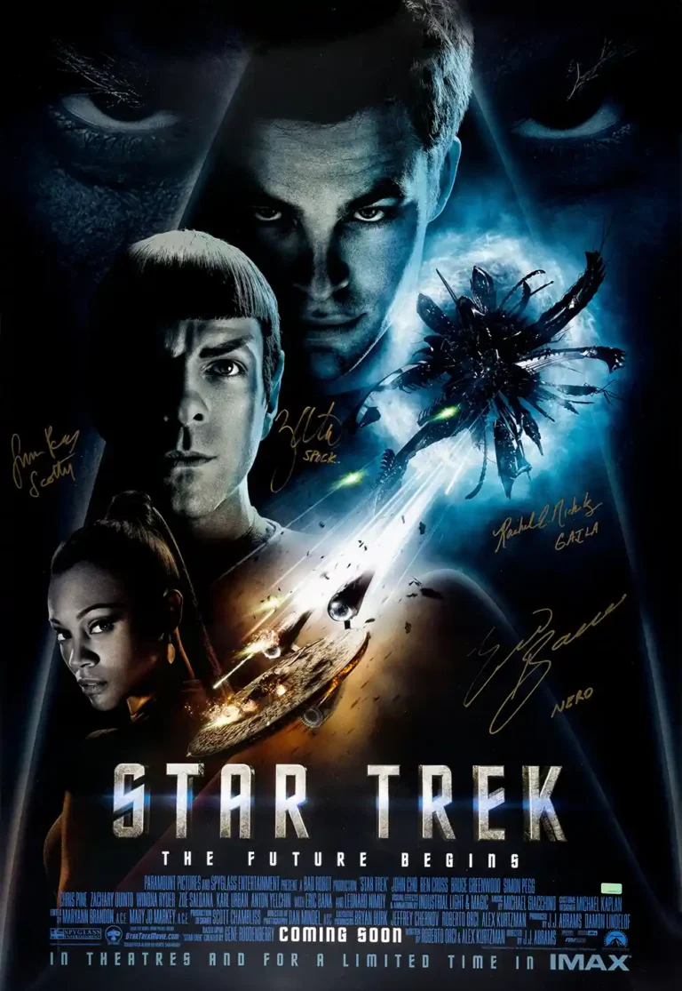 Star Trek 2009 Movie poster featuring close-up portraits of Captain Kirk, Spock, and Uhura against a cosmic backdrop with the USS Enterprise.