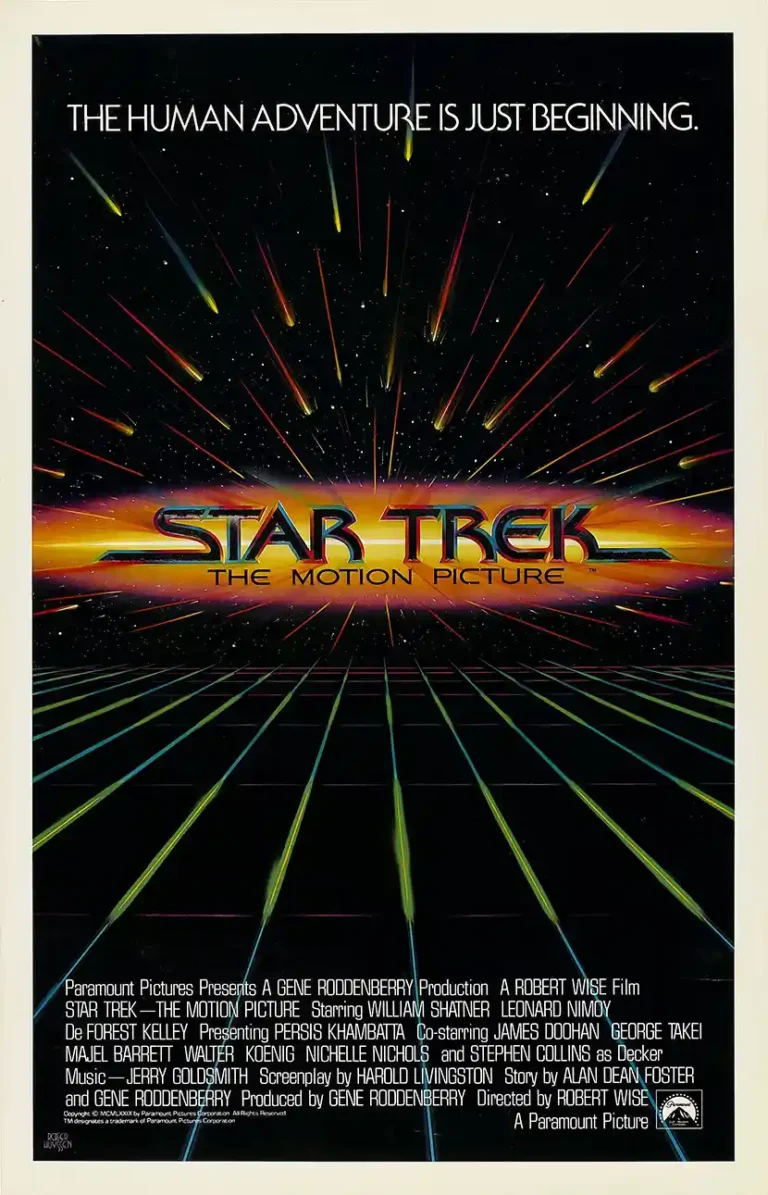 Star Trek: The Motion Picture Movie poster featuring the classic 1979 luminous logo, hyperdrive light streaks, and a retro space grid design.
