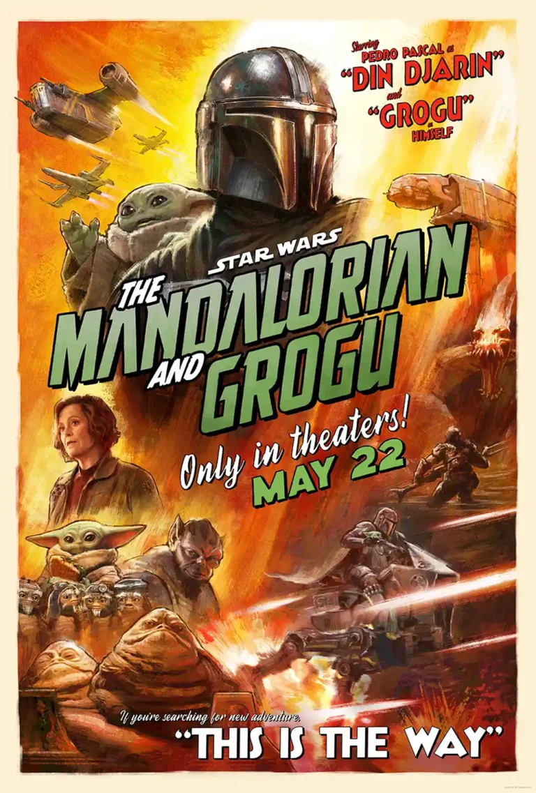 The Mandalorian and Grogu Movie poster featuring Din Djarin, Grogu, spaceships, and supporting characters in a dramatic, retro illustration style.