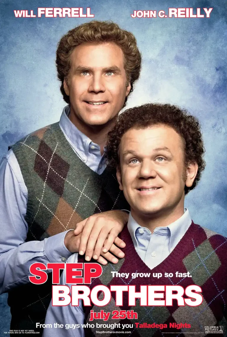 Step Brothers Movie poster featuring actors Will Ferrell and John C. Reilly posing side-by-side in matching argyle sweater vests.