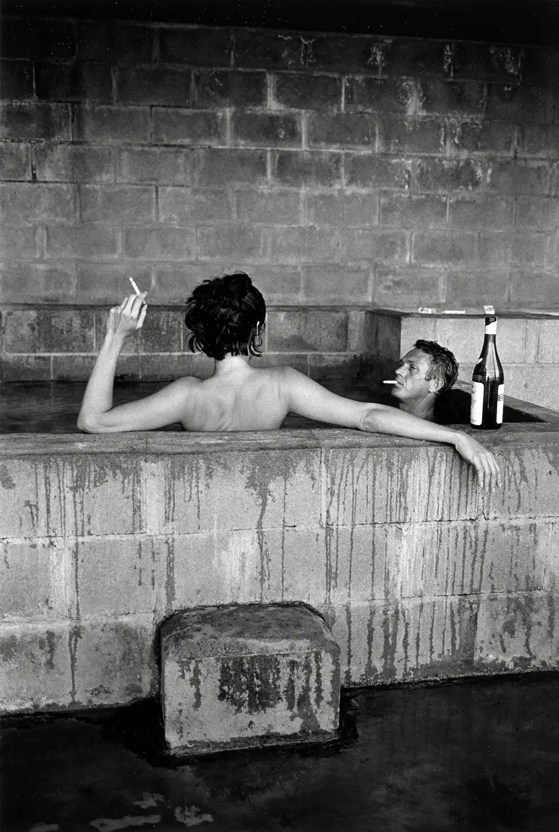 Steve McQueen and Neile Adams bathtub print — vintage black and white celebrity couple photography wall art, Steve McQueen black and white photography print, museum quality vintage celebrity photo wall art