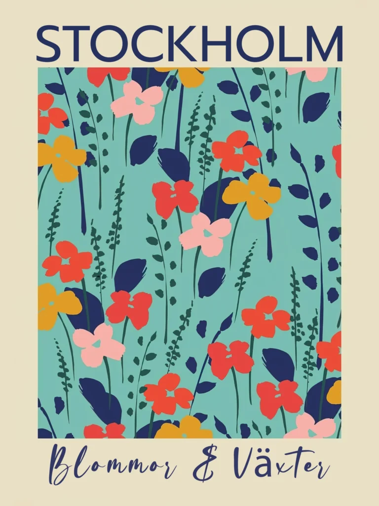 Stockholm Floral Pattern Art poster featuring a maximalist illustration of stylized flowers and plants in coral, mustard, and pink on a vivid teal background.