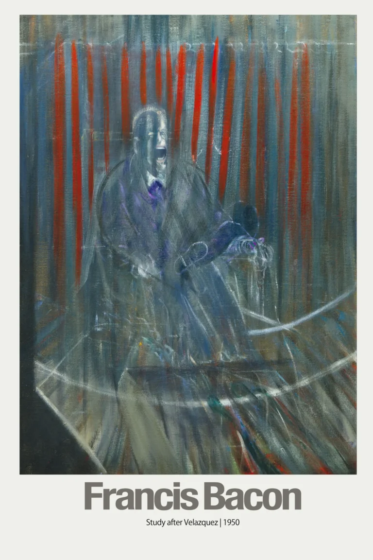 Francis Bacon Abstract Expressionist Art poster featuring the distorted, screaming figure from Study after Velazquez (1950) in a dark, caged composition.