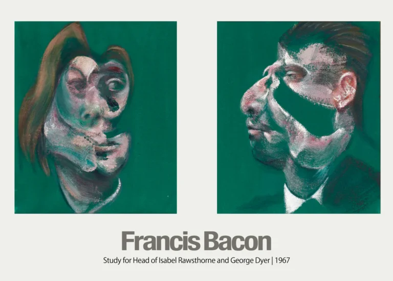 Francis Bacon Abstract Art poster featuring two heavily distorted psychological portrait studies of Isabel Rawsthorne and George Dyer on a deep emerald green background.