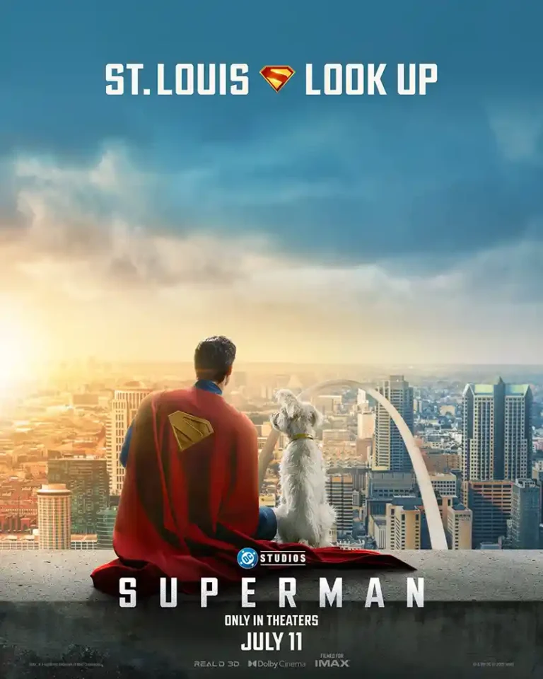 Superman movie poster featuring the hero and Krypto the Superdog sitting on a rooftop overlooking the St. Louis skyline at sunset.