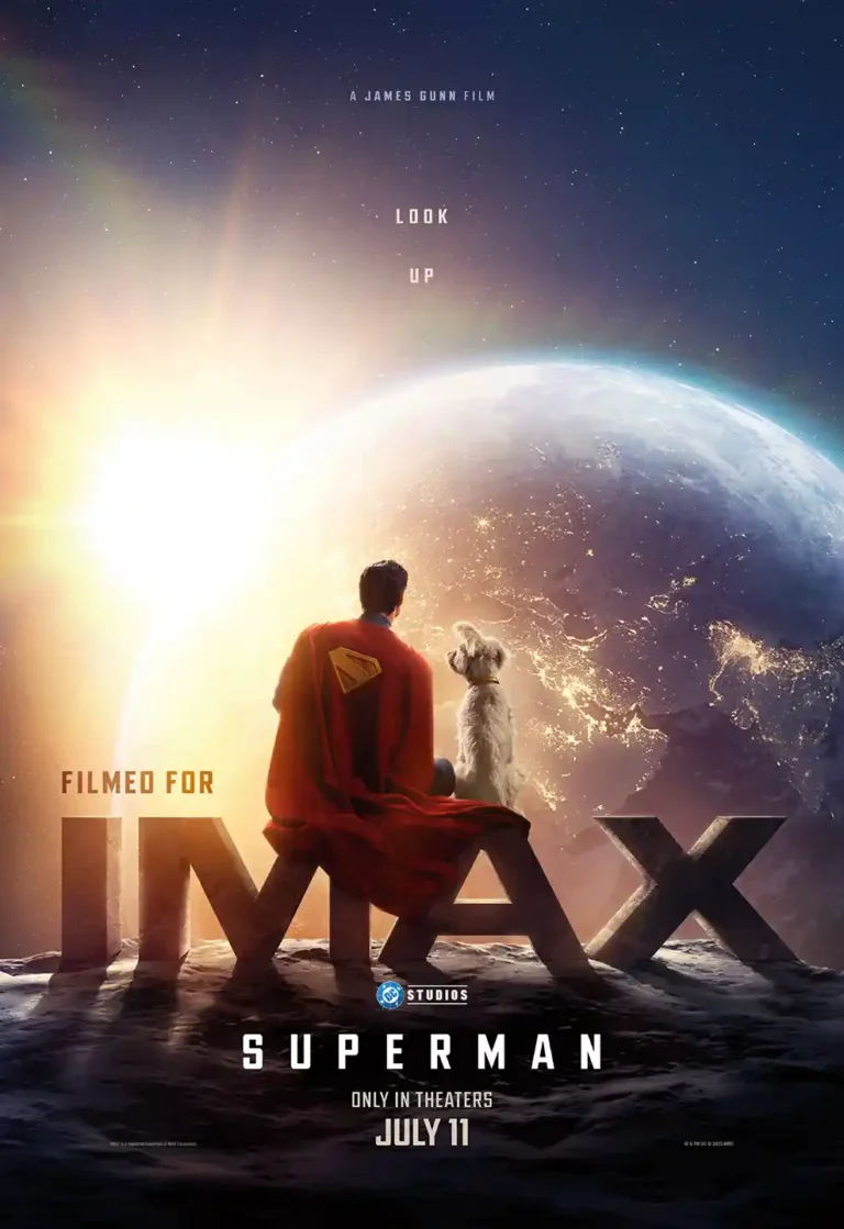 Superman (2025) Movie Poster featuring Superman and Krypto the Superdog viewing the brightly lit Earth from above, sitting on large IMAX letters.